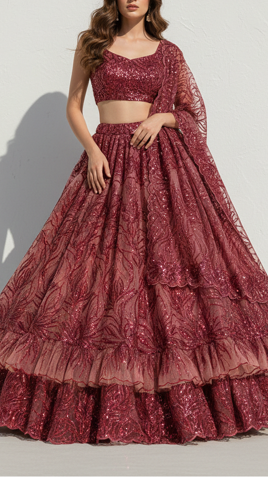 Maroon Imported Net Fabric With All Over Thread, Bead And Sequins Work 22135