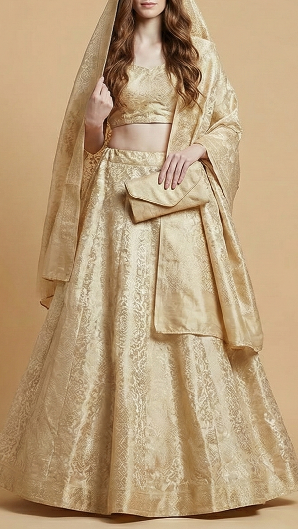 Light Golden Tissue Fabric With All Over Self Work 20398