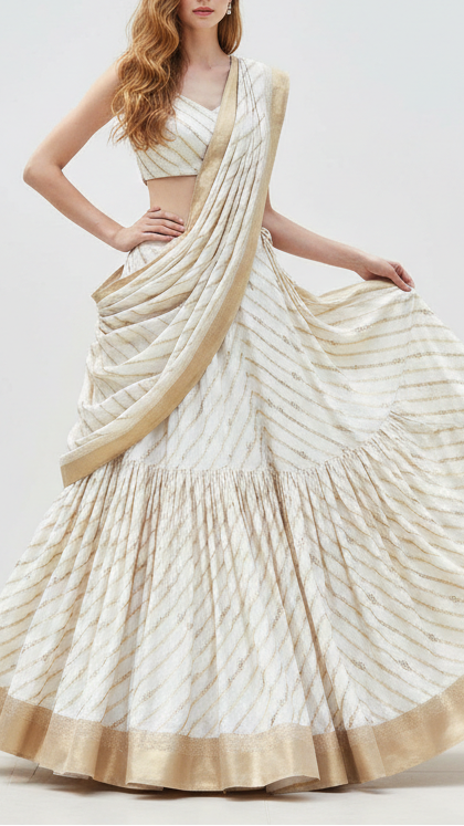 White Dyeable Banarasi Brocade Fabric With All Over Stripes Of Golden Zari Handloom 21928