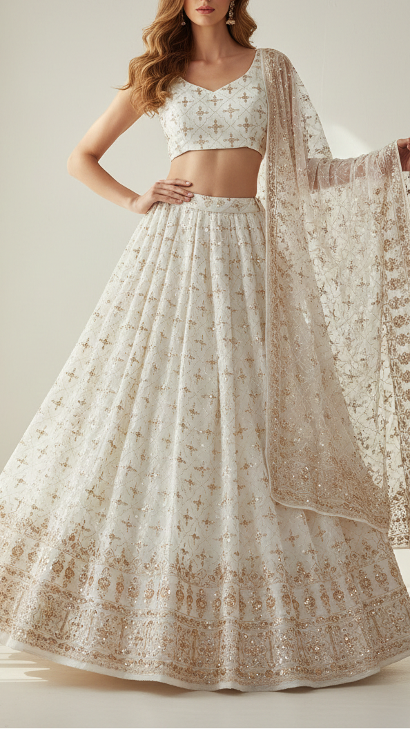 White Dyeable Georgette Fabric With All Over Buti Of Zari, Sequins, Katdana And Bead Work With One Side Border 21757