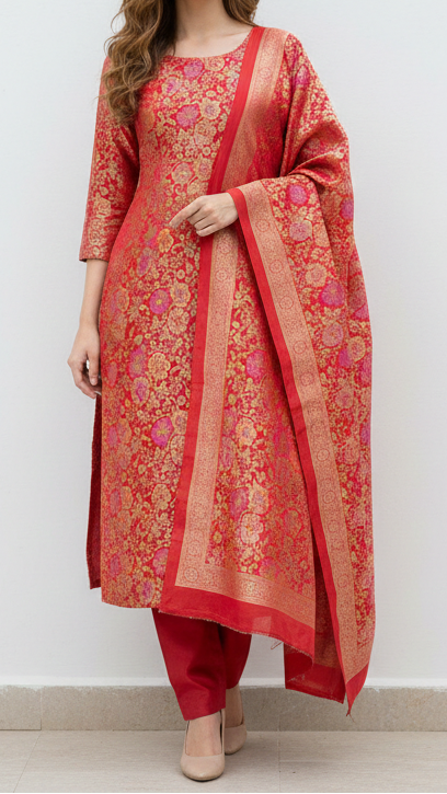 Red Banarasi Brocade Fabric With All Over Thread And Zari Handloom 21265