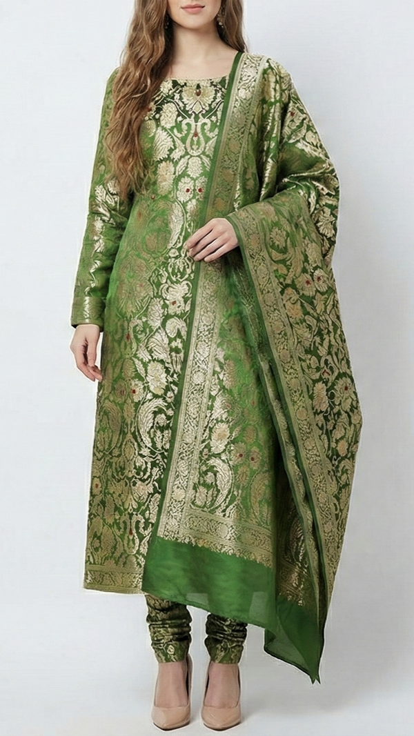 Mehendi Green Pure Banarasi Brocade Fabric With All Over Thread And Zari Handloom 20777