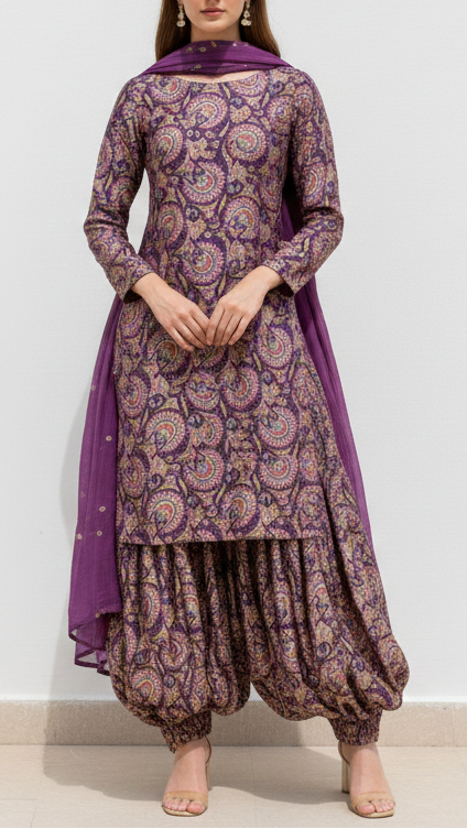 Purple Silk Fabric With Traditional Print With Golden Zari Work 20310