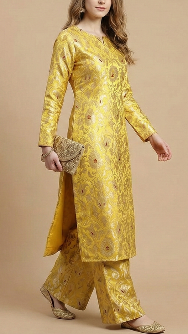 Yellow Pure Banarasi Brocade Fabric With All Over Thread And Golden Zari Handloom 19255