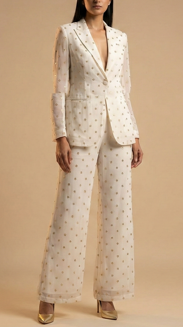 The Noor - White Organza Fabric with Golden Buti of Sequins 12297