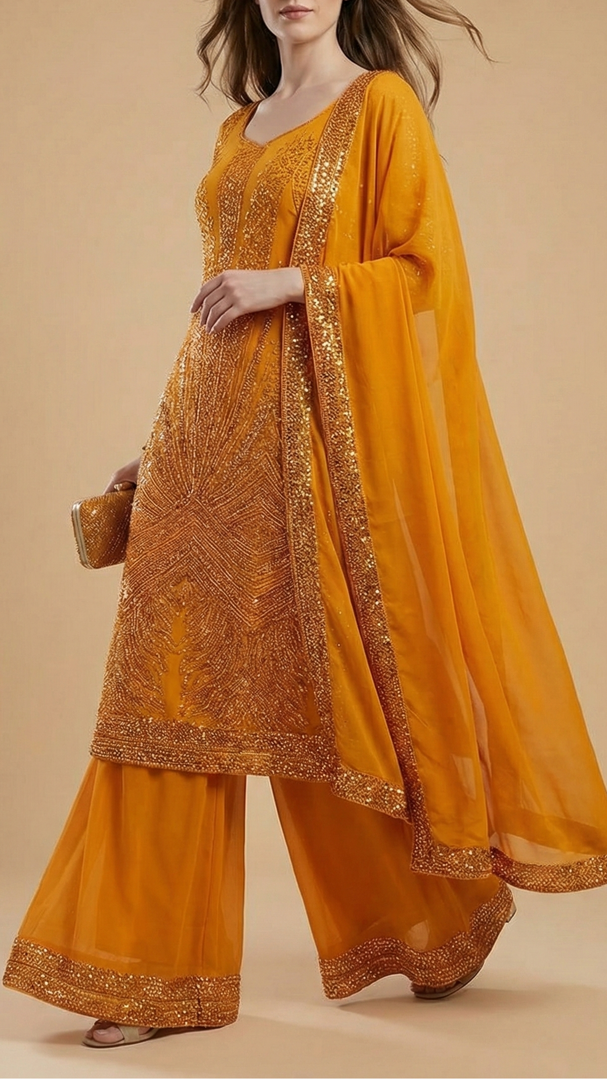 Mustard Georgette Fabric With All Over Sequins And Bead Work With One Side Heavy Border 20553