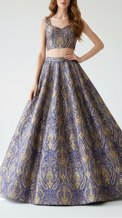 Dark Blue Banarasi Brocade Fabric With All Over Golden Zari Handloom 21849