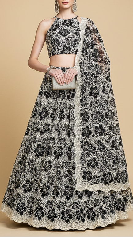 Black Imported Crepe Fabric with Allover Cutwork and Floral Patches 12929