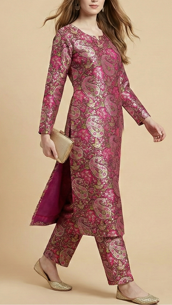 Purple Banarasi Brocade Fabric With All Over Thread And Golden Zari Handloom 19277