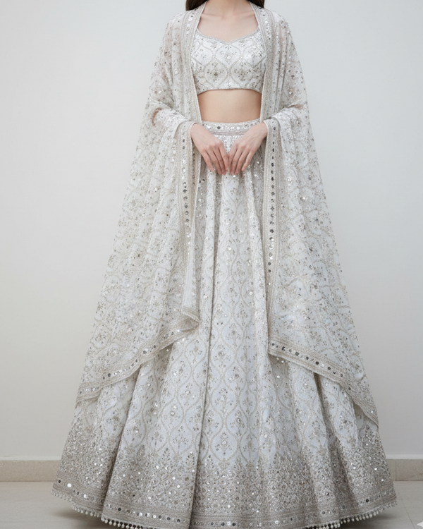 White Dyeable Silk Fabric With All Over Zari, Faux Mirror And Sequins Work With One Side Border 21587