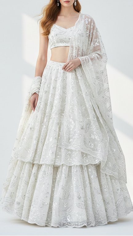 White Dyeable Georgette Fabric With All Over Thread, Katdana And Sequins Work 21566
