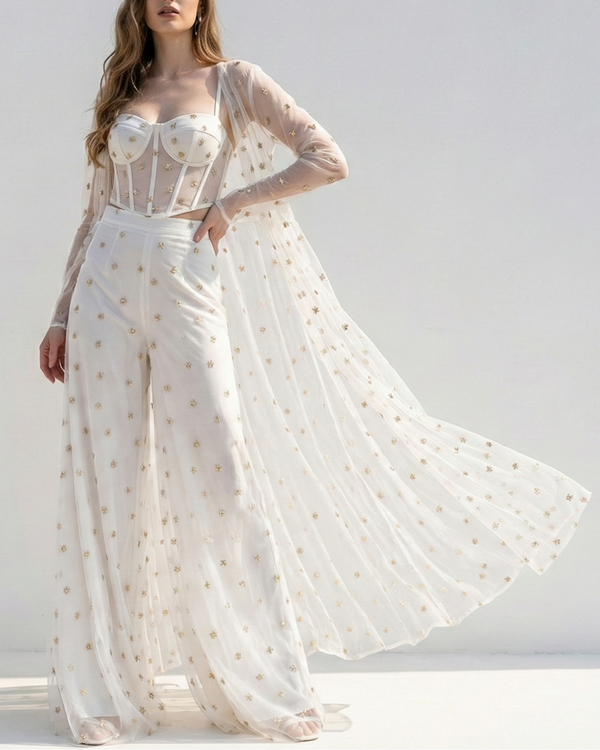White Dyeable Organza Fabric With Allover Buti Of Golden Katdana And Sequins Work 21100