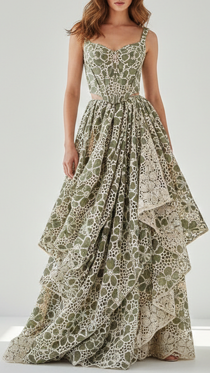 Olive Green Cotton Fabric With All Over Thread And Cutwork With Scalloped Edges 21887