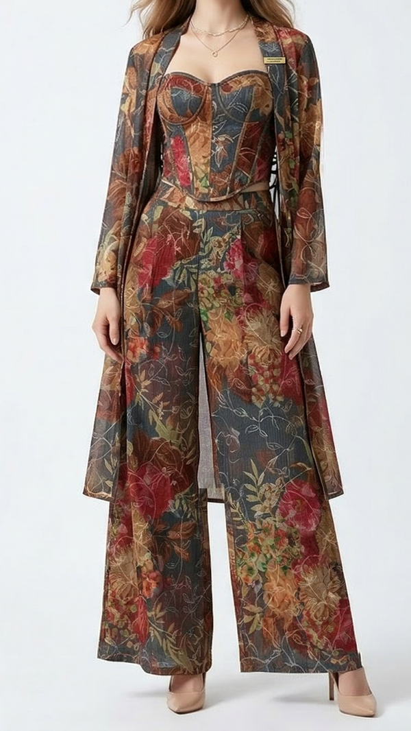 Grey Organza Fabric with Allover Floral Print, Thread & Sequins Work 13622