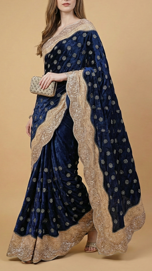 Navy Blue Velvet Fabric With All Over Buti Of Katdana And Bead With One Side Border 20625