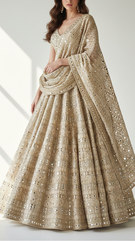 Golden Dyeable Tissue Fabric With All Over Zari, Faux Mirror And Katdana Work 21727