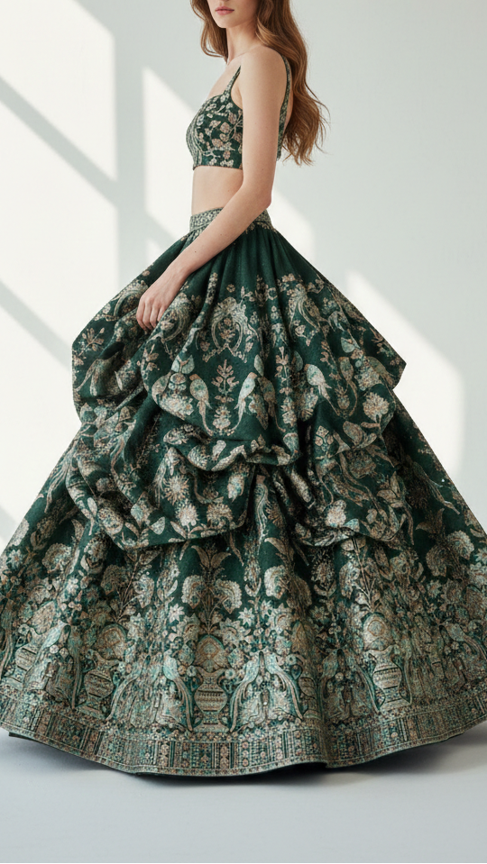 Bottle Green Georgette Fabric With Allover Sequins And Thread Work With One Side Heavy Border 16188