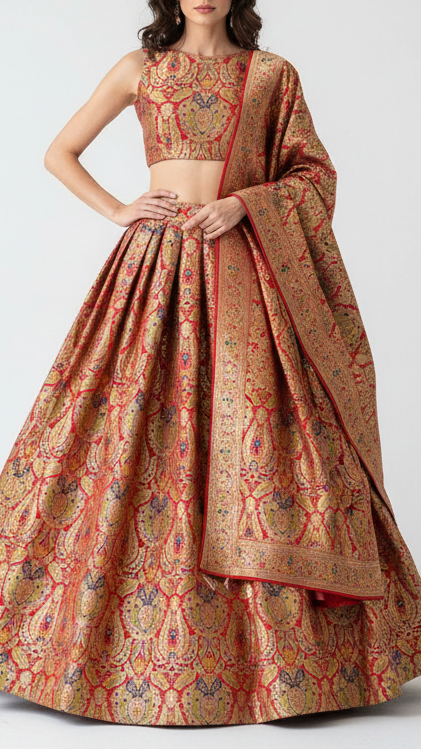 Red Pure Banarasi Brocade Fabric With All Over Thread And Zari Handloom 21529