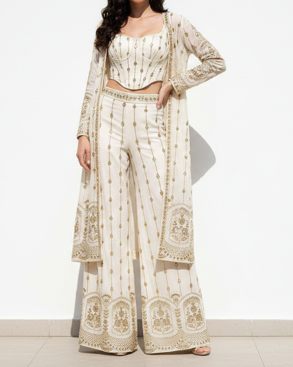 White Dyeable Georgette Fabric With All Over Stripes of Zari, Sequins, And Katdana Work With One Side Scalloped Border 21574
