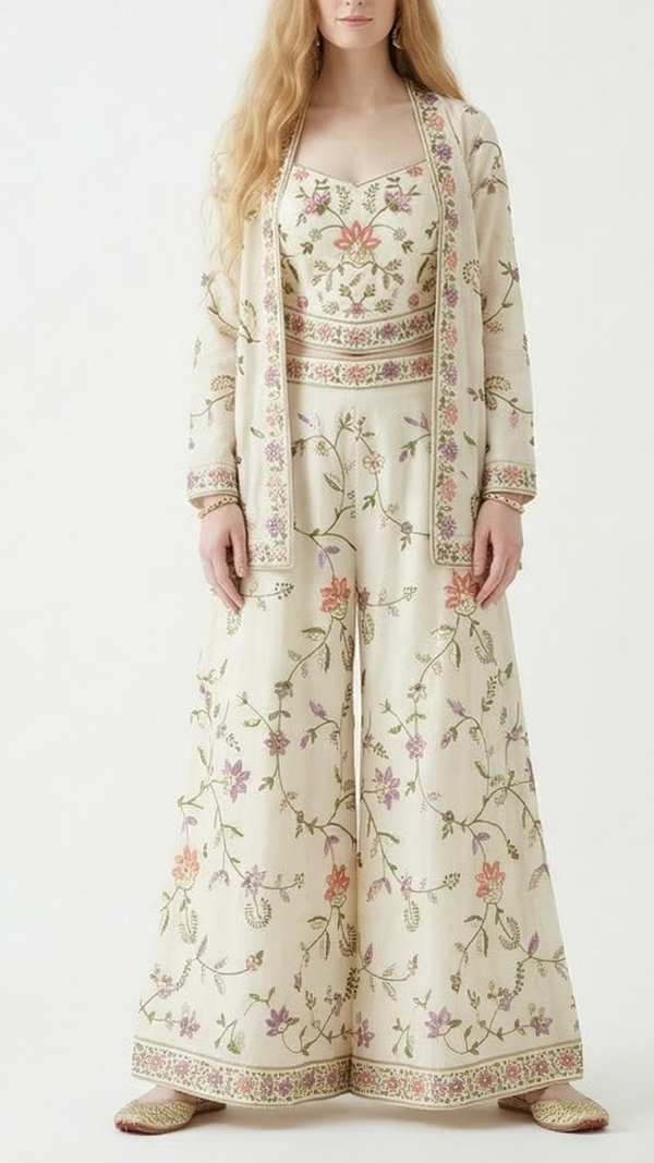 White Cotton Fabric with All Over Thread, Katdana & Sequins Work 15359