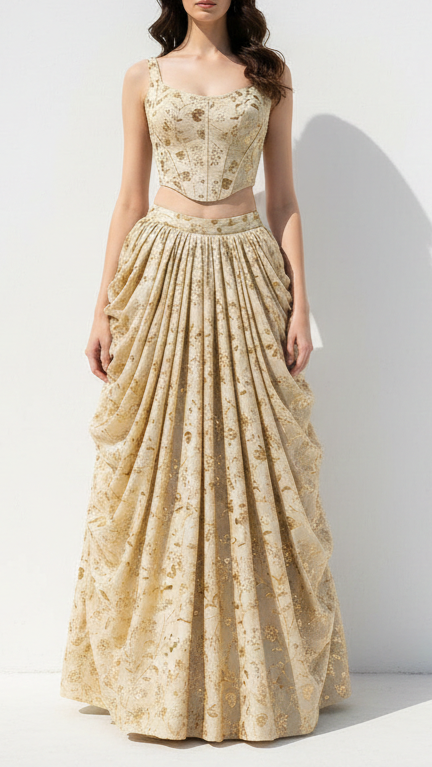 Golden Dyeable Tissue Fabric with Allover Zari and Sequins Work 21088