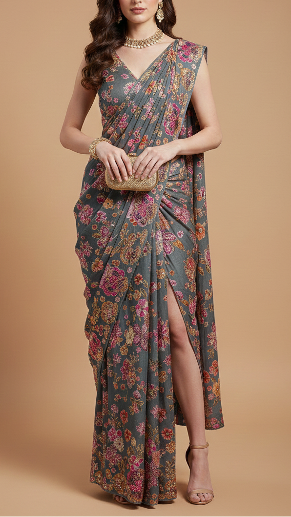 Rahul Mishra Inspired Edition | Grey Embroidered Crepe Unstitched Fabric 20465