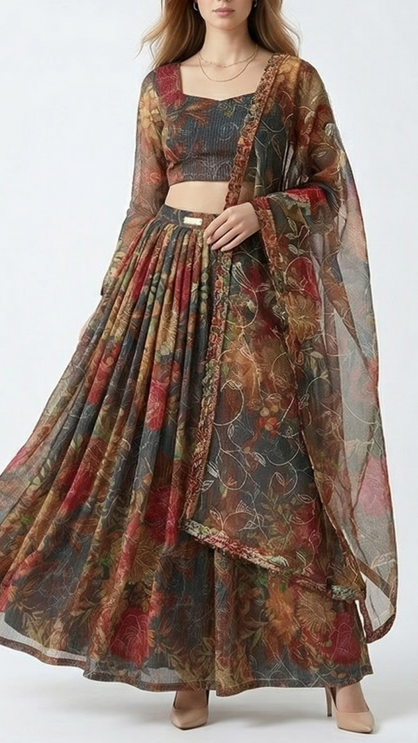 Grey Organza Fabric with Allover Floral Print, Thread & Sequins Work 13622