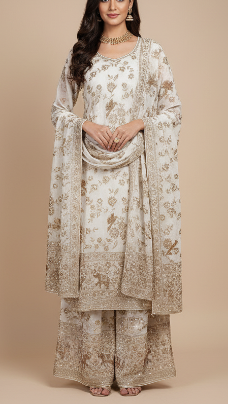 White Dyeable Georgette Fabric With All Over Bird Motif Of Zari, Sequins, Katdana And Bead Work With One Side Elephant Motif Border 19989