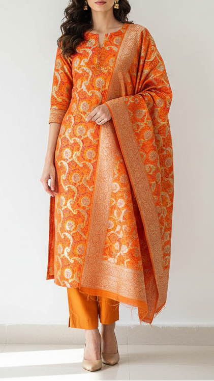 Mustard Banarasi Brocade Fabric With All Over Thread And Zari Handloom 21277