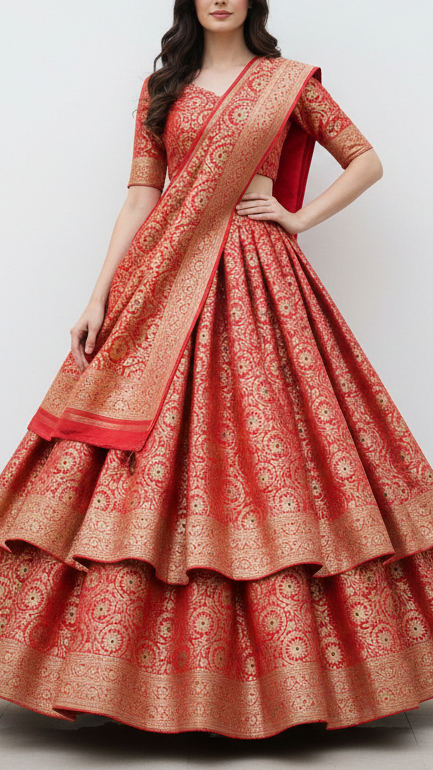 Red Banarasi Brocade Fabric With All Over Thread And Zari Handloom 20947