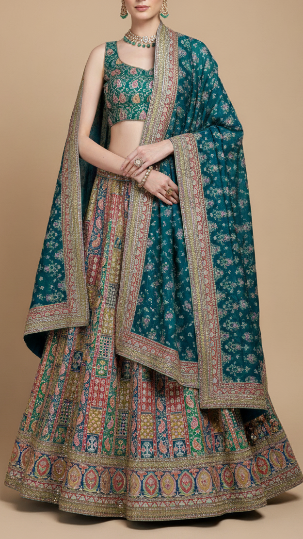 Teal Blue Crepe Fabric with Allover Traditional Print and Sequins Zari Work with One-Side Border 19765