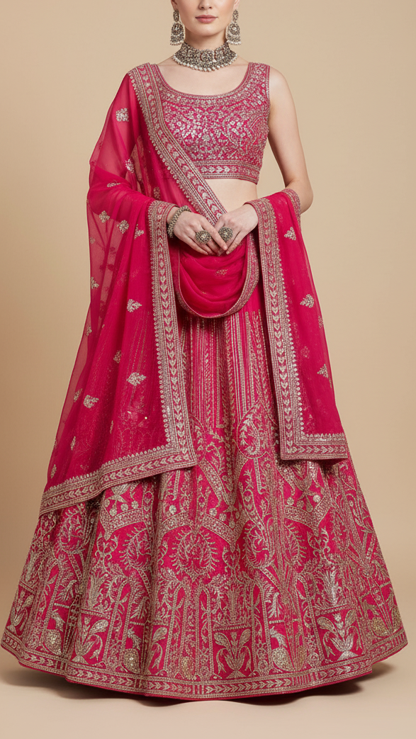 Pink Georgette Fabric With All Over Zari And Sequins Work With One Side Border 19089