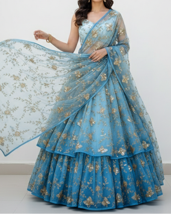 White Dyeable Crepe Fabric With All Over Sequins, Beads, Zari And Katdana Work 21570