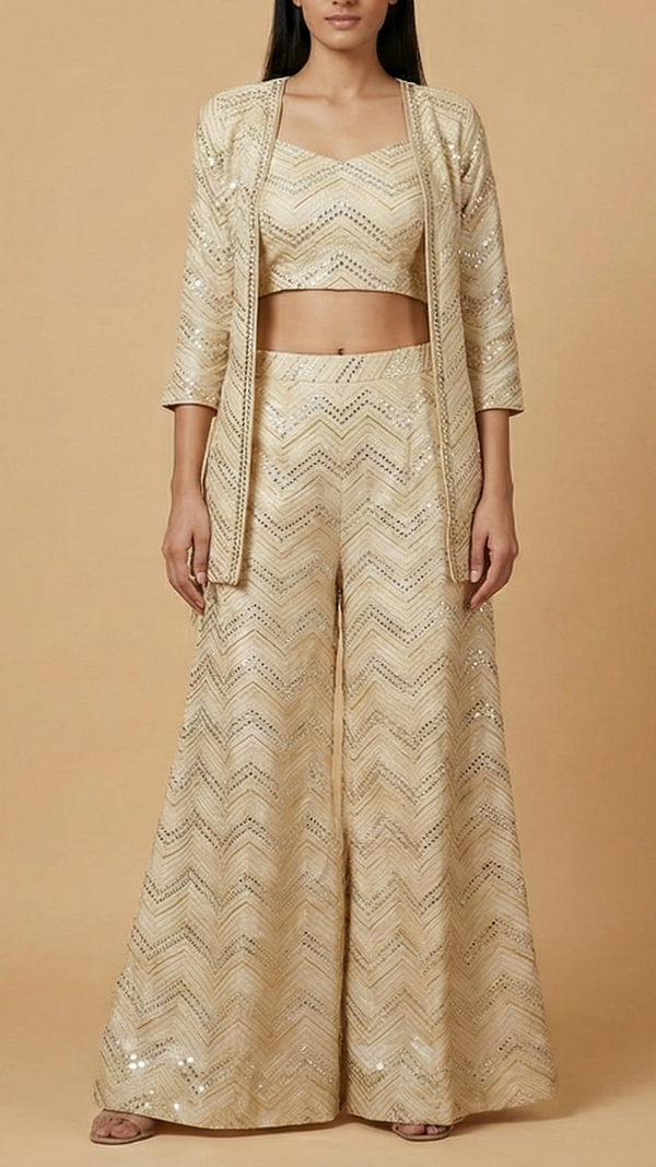 The Noor - Golden Tissue Fabric With Faux Mirror ,Beads, Katdana And Zari Elegance | 10176