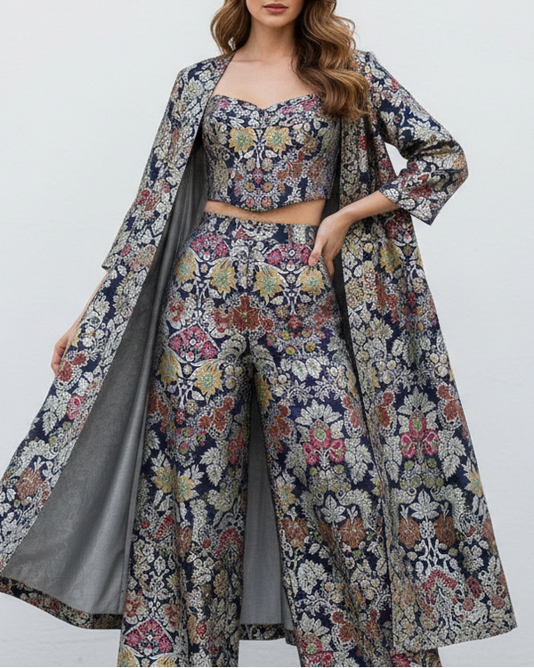 Black Banarasi Brocade Fabric With All Over Zari And Thread Handloom 20639