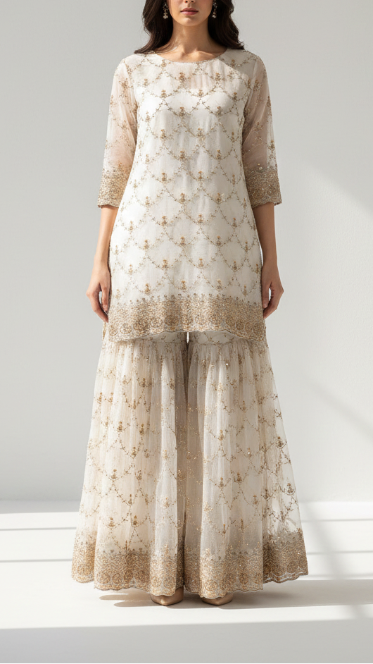 White Dyeable Georgette Fabric With All Over Katdana, Zari, Bead And Sequins Work With One Side Border 20861