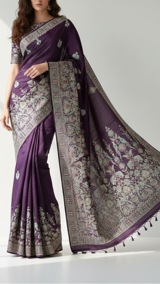 Purple Georgette Fabric With Allover Sequins And Thread Work With One Side Heavy Border 16187