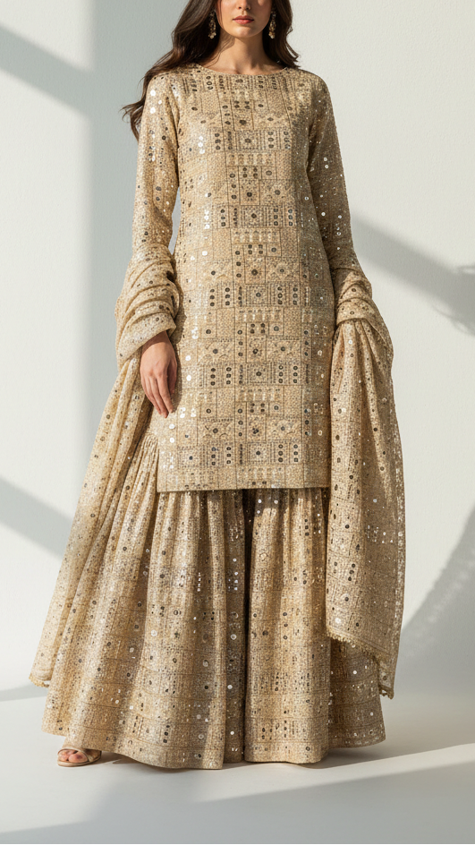 Golden Dyeable Tissue Fabric With All Over Zari, Faux Mirror And Katdana Work 21727