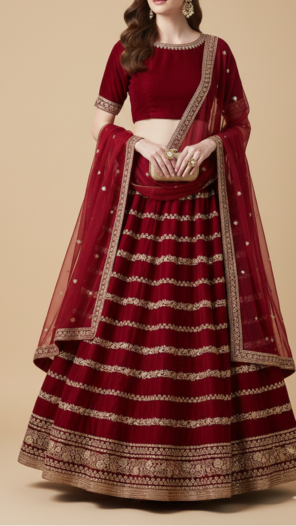 Wine Velvet Fabric With All Over Golden Zari Work With One Side Border 20534