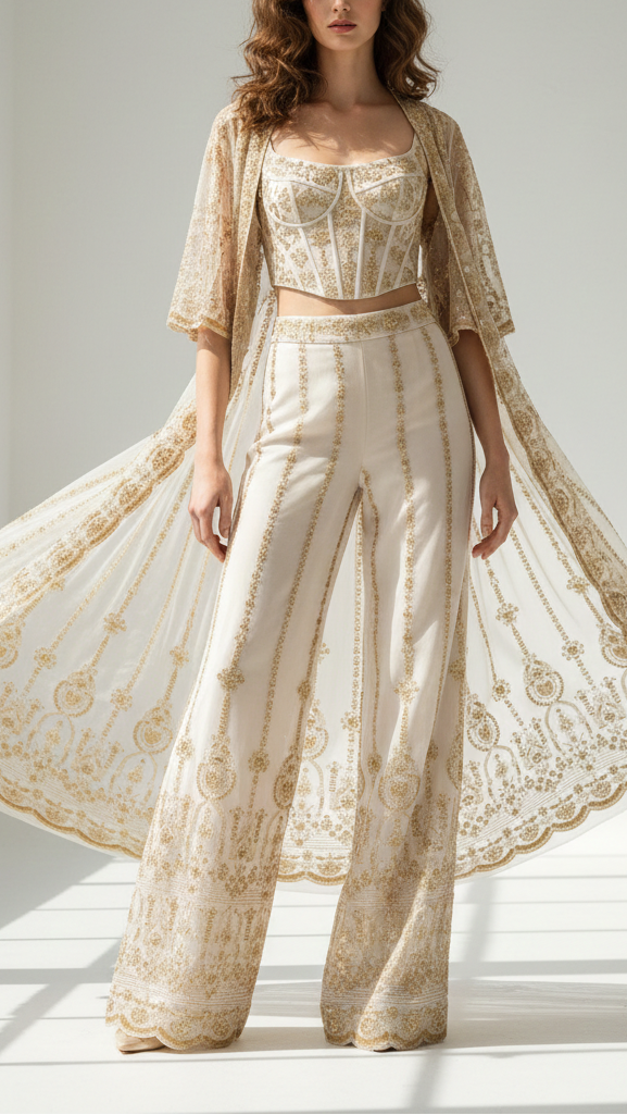 White Dyeable Georgette Fabric With All Over Sequins, Katdana And Bead Work With One Side Scalloped Border 21488