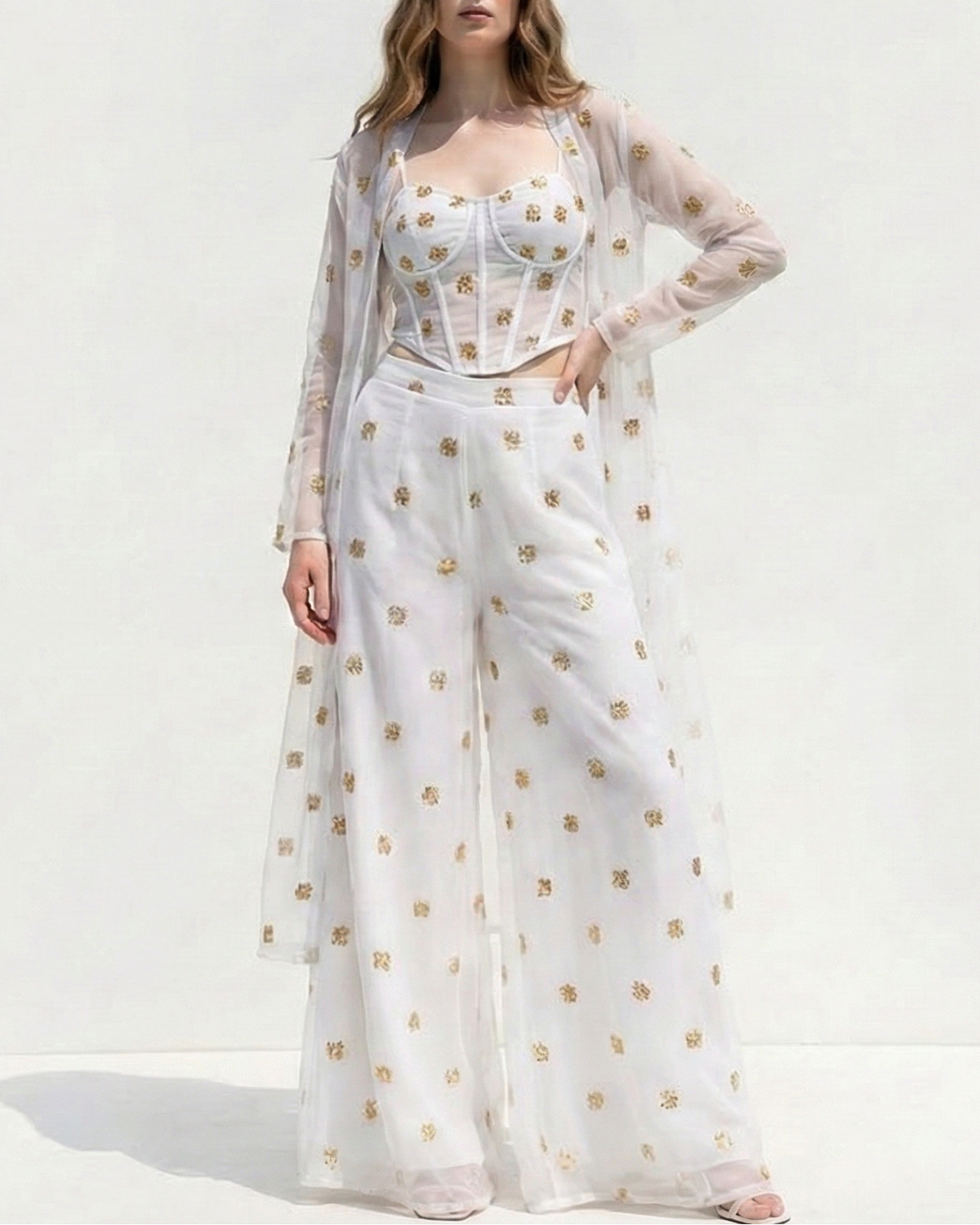 The Noor - White Dyeable Organza Fabric With Allover Buti Of Golden Katdana, Bead And Sequins Work | 21103