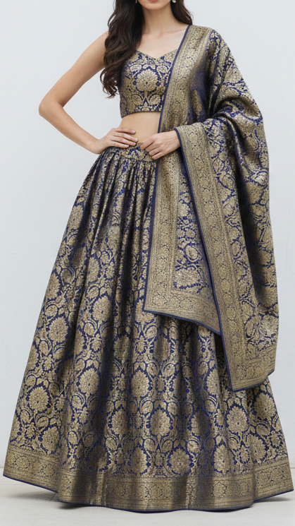 Greyish Blue Banarasi Brocade Fabric With All Over Golden Zari Handloom 21599