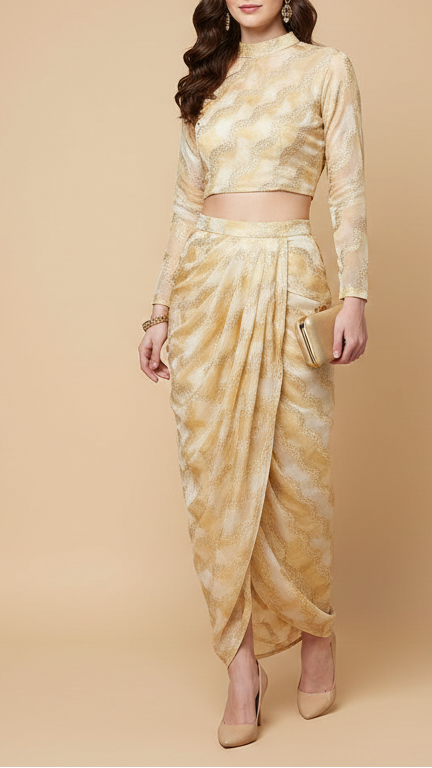 White Organza Tissue Fabric With All Over Golden Zari Handloom 20574