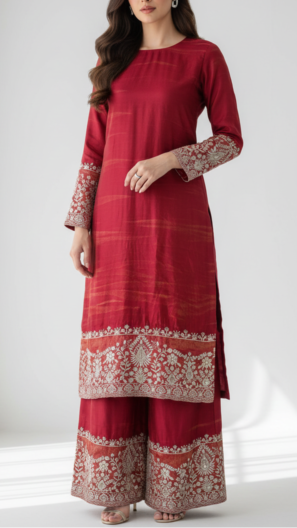 Maroon Tissue Fabric with Heavy Border of Zari and Sequins Work  20911