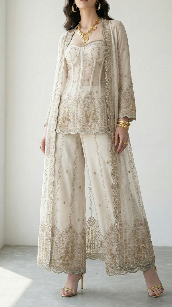 White Dyeable Dola Silk Fabric With All Over Zari, Sequins, Bead And Katdana Work With One Side Scalloped Border 21963