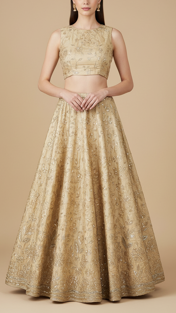 Cream Crepe Fabric With All Over Sequins, Bead And Zari With One Side Scalloped Border 19946