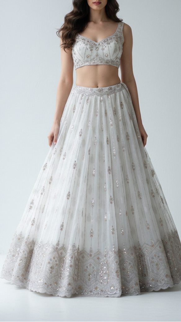 White Dyeable Georgette Fabric With All Over Katdana, Sequins, Zari And One Side Net Cutwork Border 19002