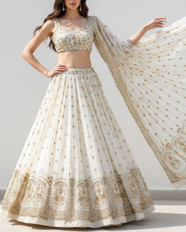 White Dyeable Georgette Fabric With All Over Stripes of Zari, Sequins, And Katdana Work With One Side Scalloped Border 21574