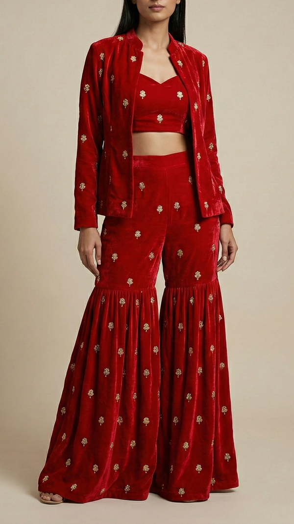 Red Velvet Fabric With All Over Buti Of Katdana, Sequins And Zari 20599