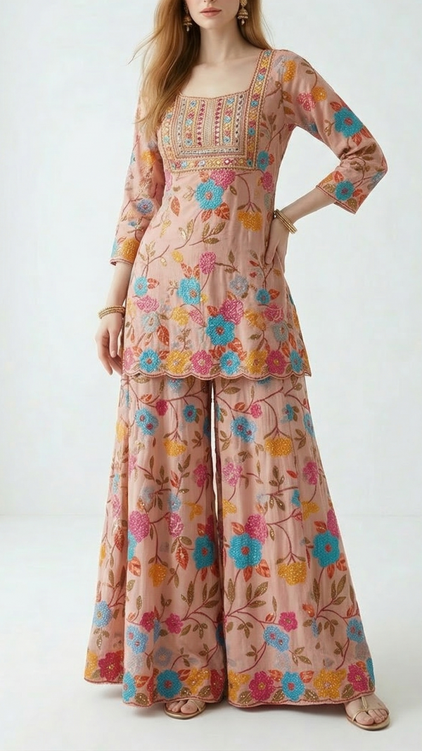 Peach Muslin Fabric With All Over Sequins And Thread Work 22484